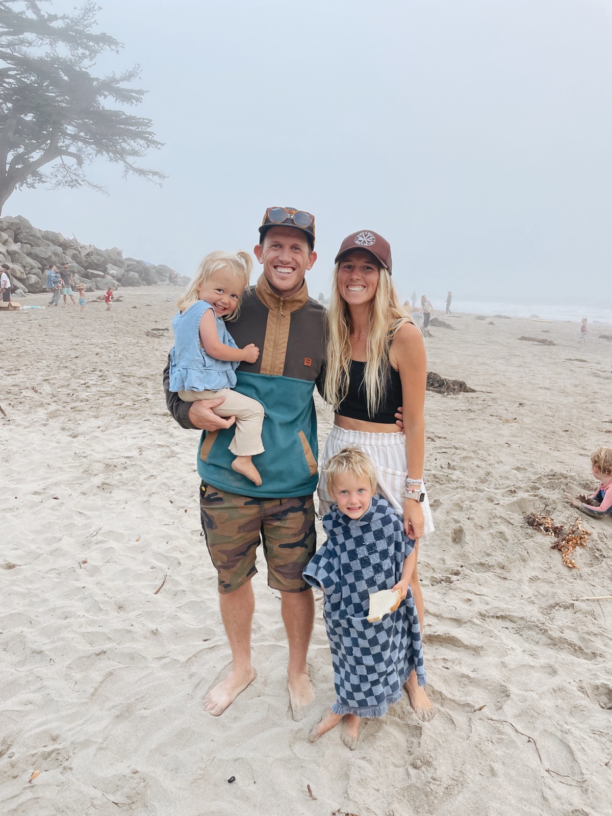 Makena, Price, and the kids at the beach on a foggy Santa Cruz day