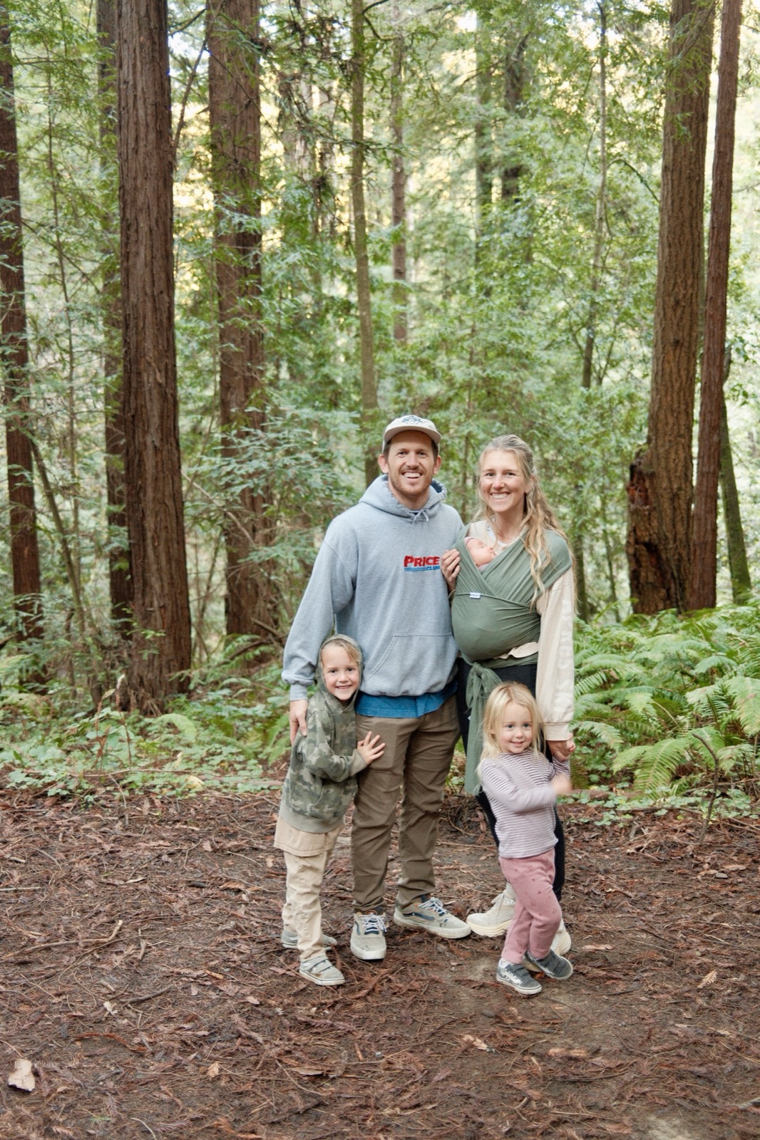 The five of us on a trail in the redwoods