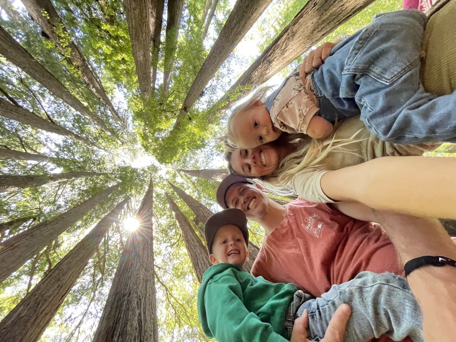 Family selfie under the redwoods